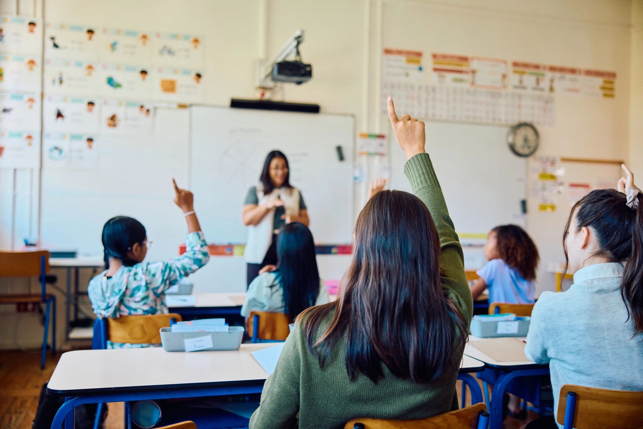 Students raising hands during a lesson